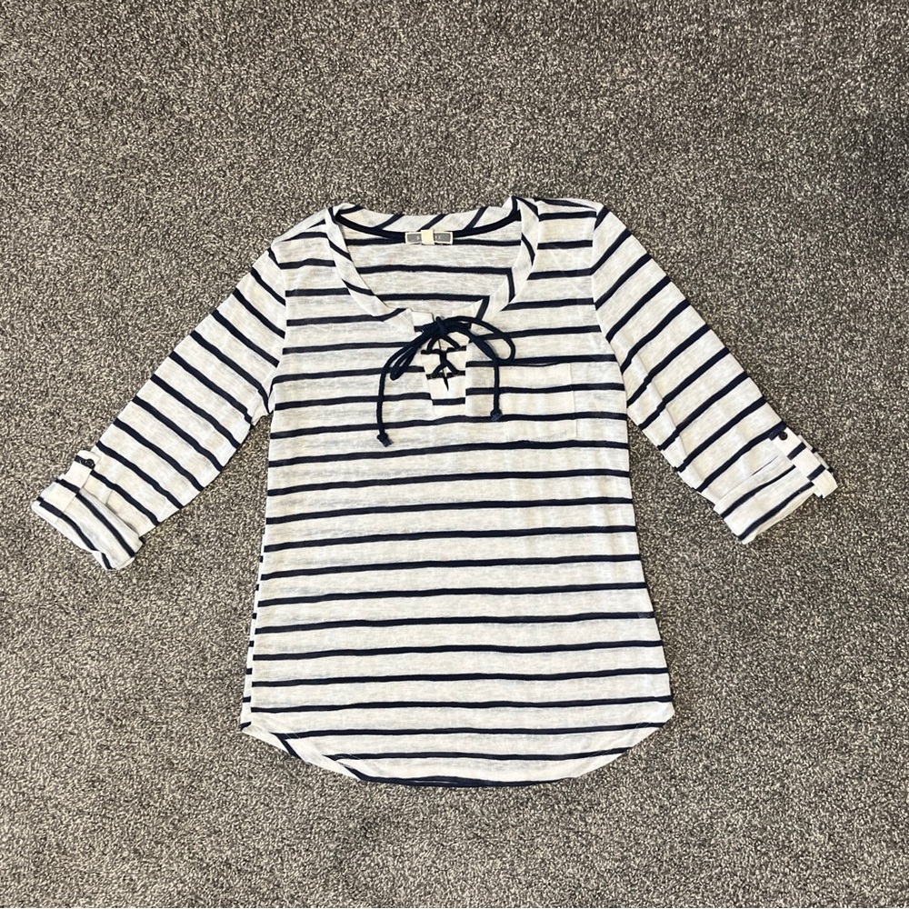 Pleione  Navy Striped Long Sleeve Knit Top Size M - Picture 2 of 8